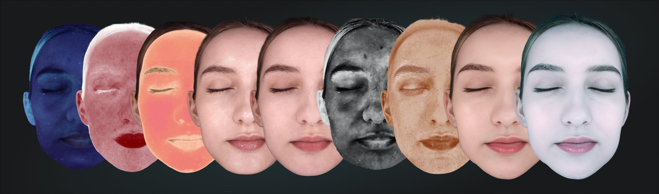 Nine Eve Muse capture modes of the same face: UV, cross-polarized, parallel-polarized, white light, Wood's light and grayscale channels