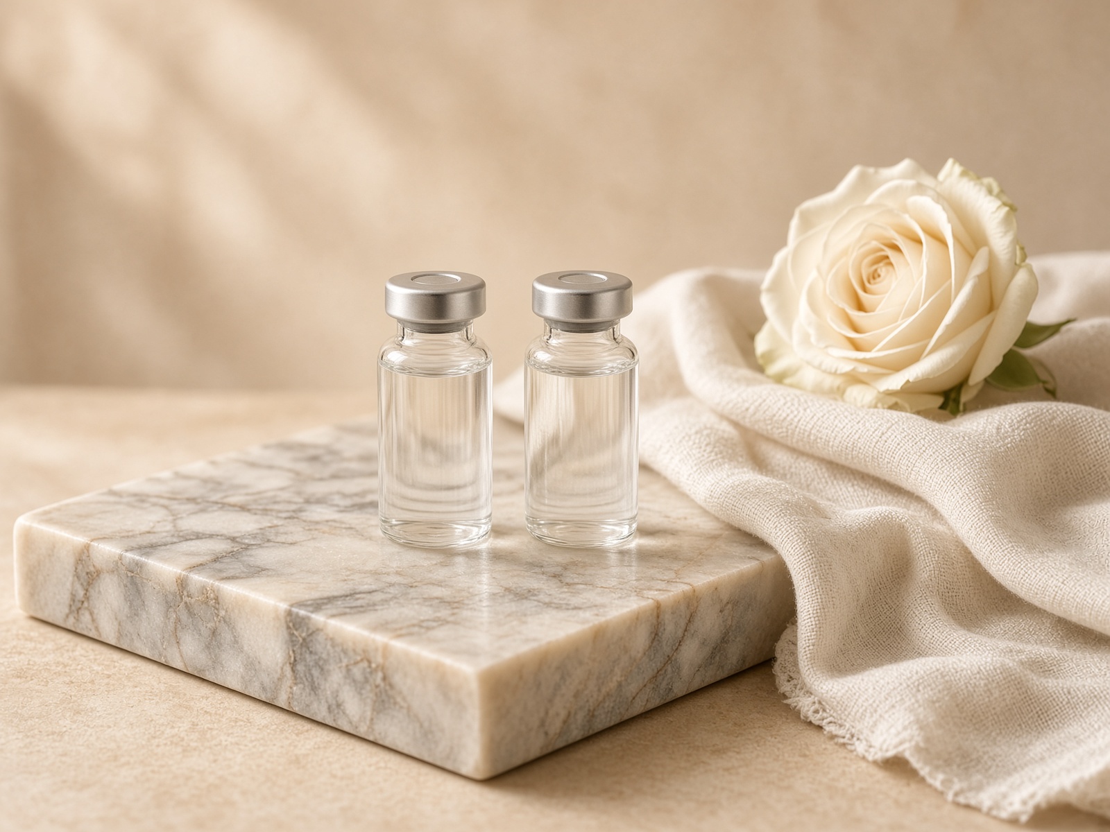 Editorial still life of neuromodulator vials on marble