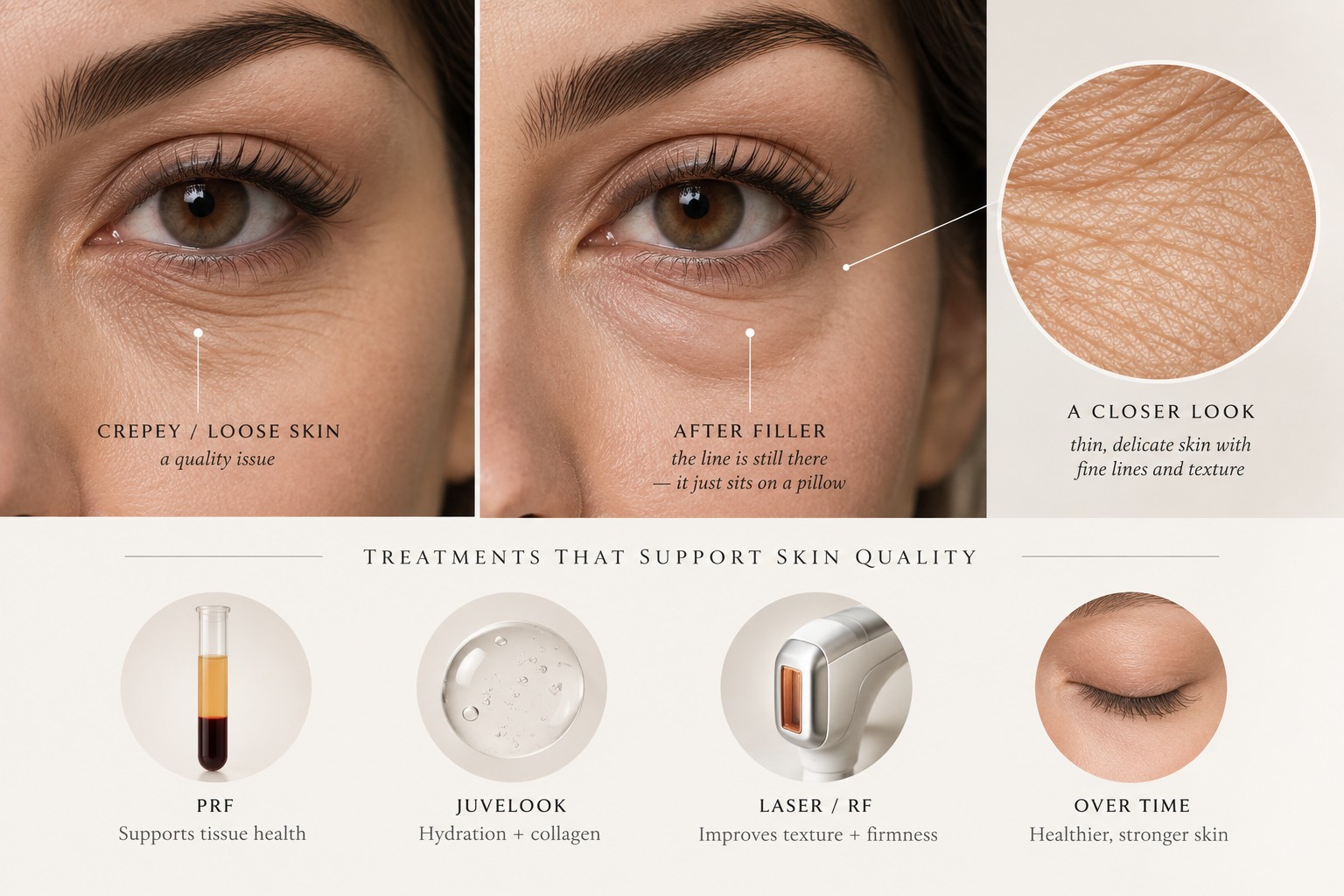 Crepey loose under-eye skin versus the same area after filler still showing the line, with PRF, Juvelook, and laser or RF as quality treatments