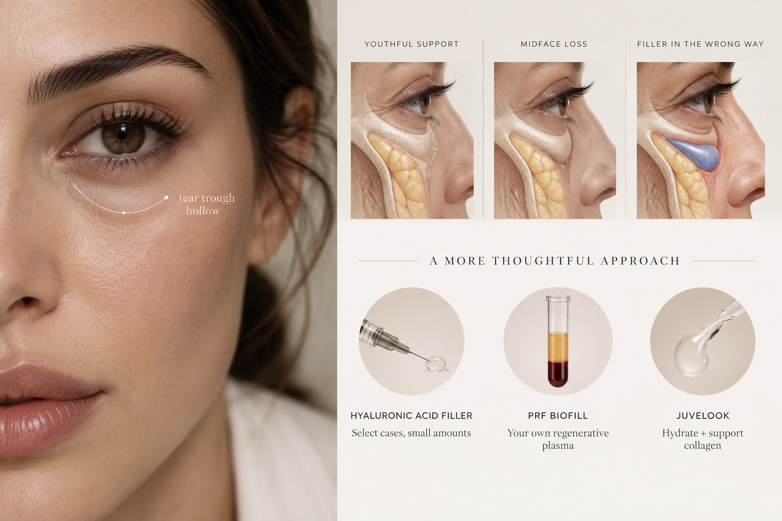 Tear trough hollow annotated next to youthful support, midface loss, filler in the wrong way, and a thoughtful approach with hyaluronic acid, PRF Biofill, and Juvelook