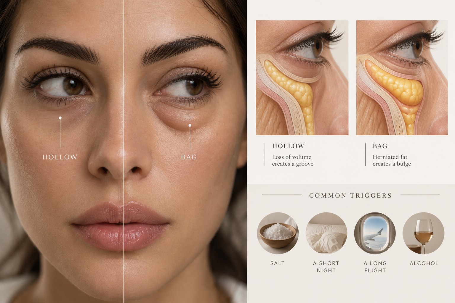 Side-by-side comparison of an under-eye hollow versus a true bag, with anatomy diagrams and common triggers of salt, short sleep, flights, and alcohol
