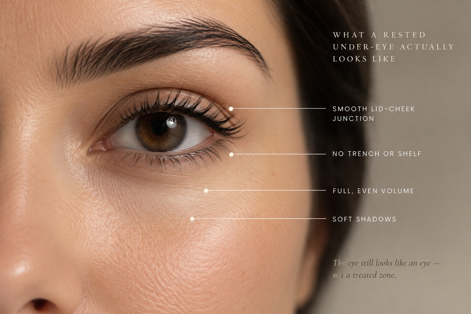 Annotated close-up of a rested under-eye showing a smooth lid-cheek junction, even volume, and soft shadows